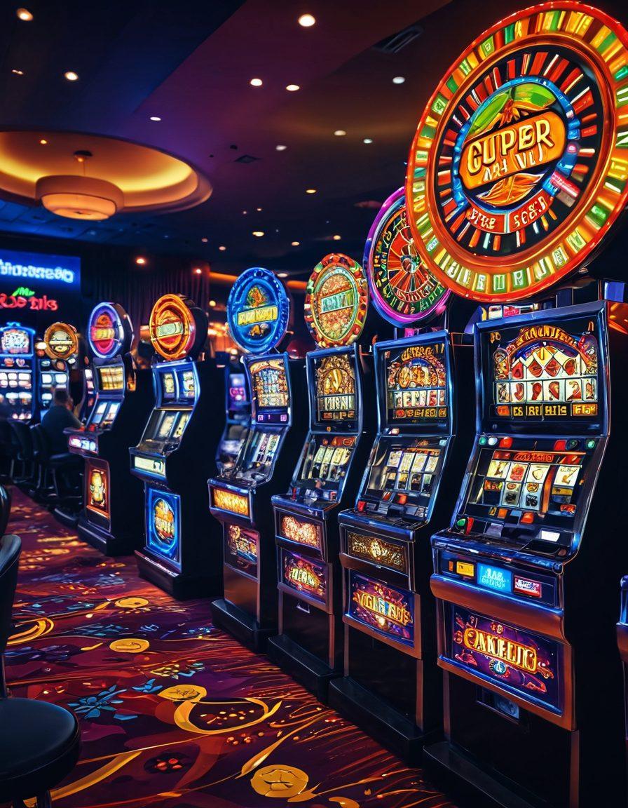 A dynamic scene of a casino floor filled with vibrant slot machines, colorful lights, and excited players. Depict coins cascading from a spinning slot machine, with promotional banners showcasing 'Free Spins' and 'Gambling Bonuses'. In the foreground, a diverse group of joyful people celebrating their wins, wearing festive attire and holding drinks. The ambiance should be energetic and inviting, conveying the thrill of gambling. super-realistic. vibrant colors. 3D.