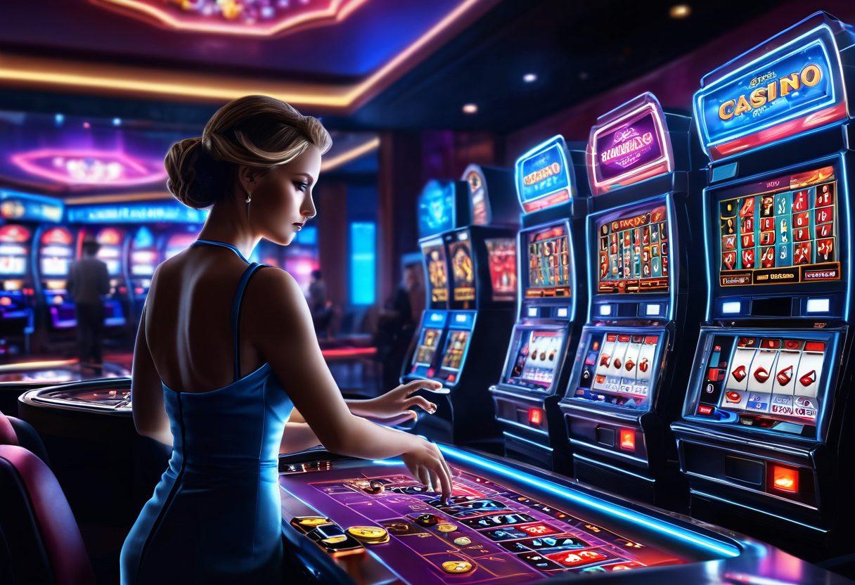 A vibrant illustration of a virtual casino scene with glowing slot machines, a stylish live dealer at a roulette table, and players engaging in an exciting game. Include elements like poker chips flying through the air and cards placed strategically on a digital touchscreen. The ambiance should convey an atmosphere of thrill and competition, with neon lights reflecting on polished surfaces. super-realistic. vibrant colors. 3D.