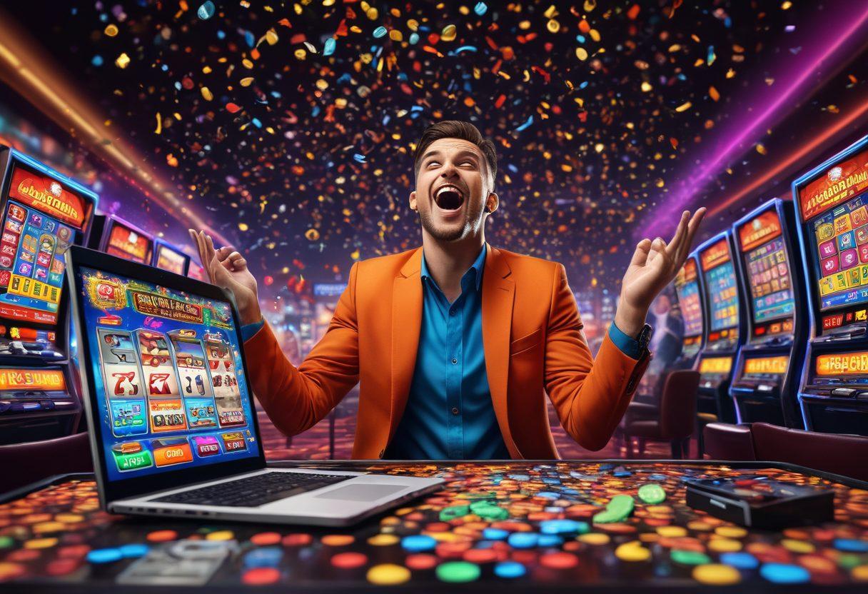 A vibrant and engaging scene featuring a person celebrating a big win at an online casino, surrounded by flashing slot machines, vibrant game graphics, and promotional banners. Include elements like confetti, coins raining down, and a laptop displaying a jackpot screen. The atmosphere should convey excitement and strategy, showcasing various online games in the background. super-realistic. vibrant colors. dynamic composition.